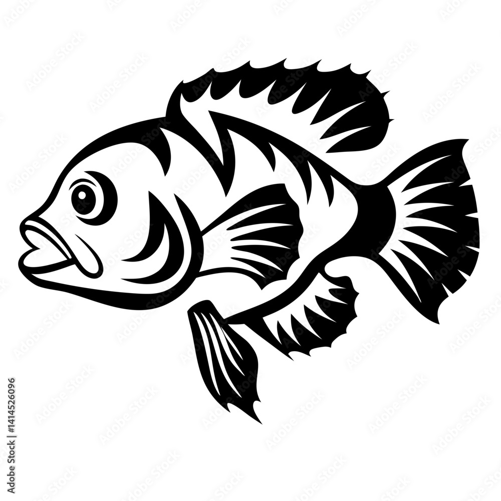 Striking black and white illustration of a fish, perfect for tattoo design Striking black and white illustration of a fish, perfect for tattoo design