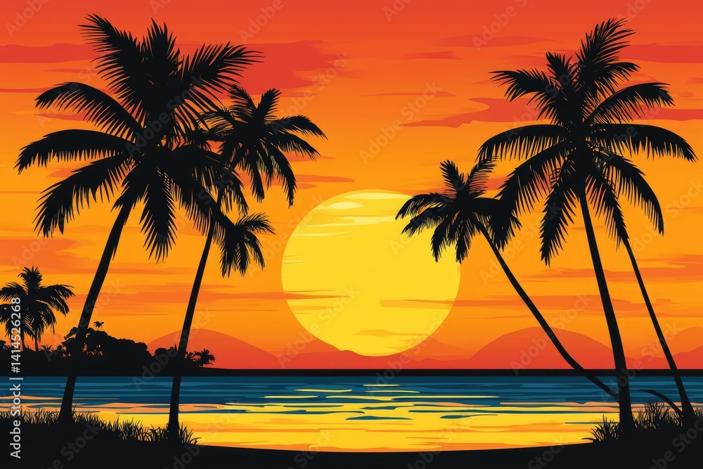 Tropical Paradise A Serene Sunset Beach Scene with Silhouetted Palm Trees Tropical Paradise A Serene Sunset Beach Scene with Silhouetted Palm Trees