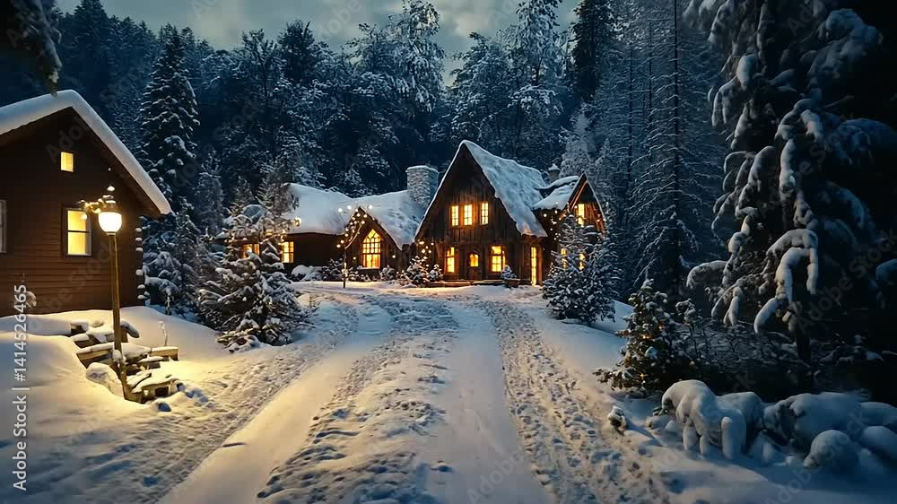 Cozy winter cabin scene with snow-covered trees, warm lights glowing in the evening Cozy winter cabin scene with snow-covered trees, warm lights glowing in the evening