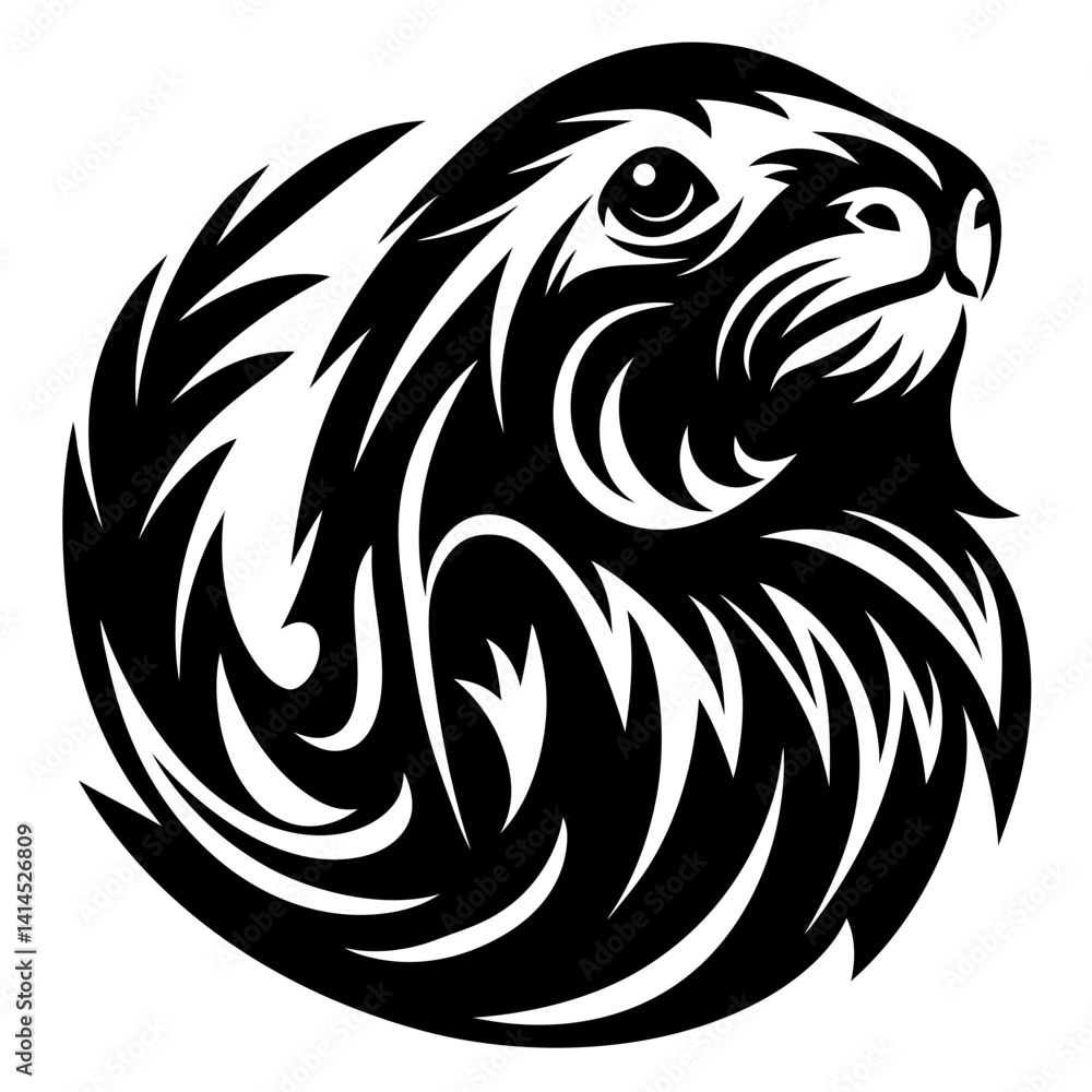 Naklejka premium Stylized Black and White Beaver Head Depiction with Abstract Flairs