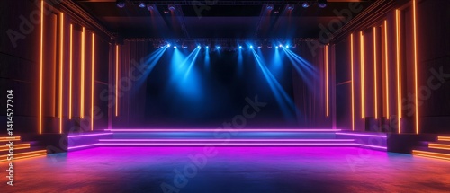 Illuminated Stage: A vibrant and dynamic stage illuminated by an array of colorful lights, creating an inviting atmosphere for events and performances. 