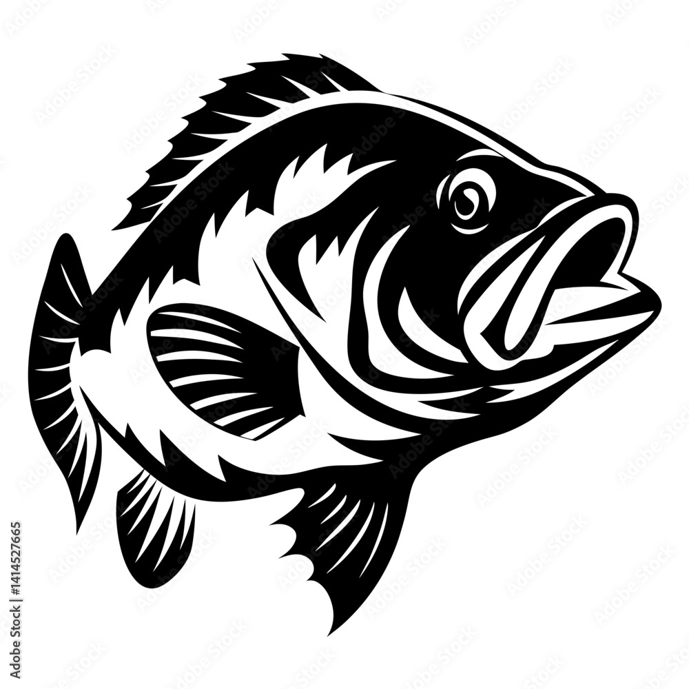Monochrome vector illustration of a largemouth bass with mouth open aggressively Monochrome vector illustration of a largemouth bass with mouth open aggressively