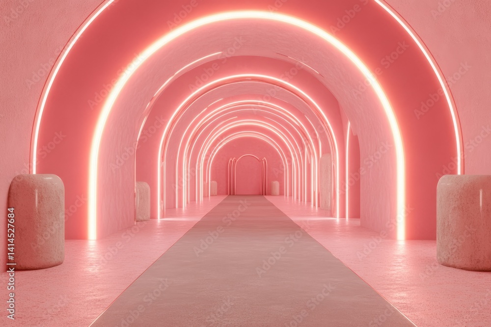 Stylized Neon Pink and Cyan Vortex Tunnel With Glowing Arches and Smooth Surfaces in a Contemporary Space
