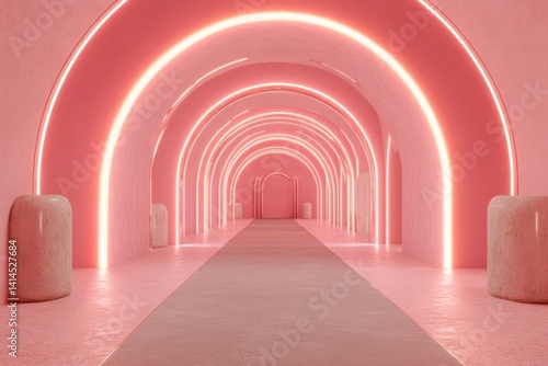Obraz na płótnie Stylized Neon Pink and Cyan Vortex Tunnel With Glowing Arches and Smooth Surfaces in a Contemporary Space w salonie