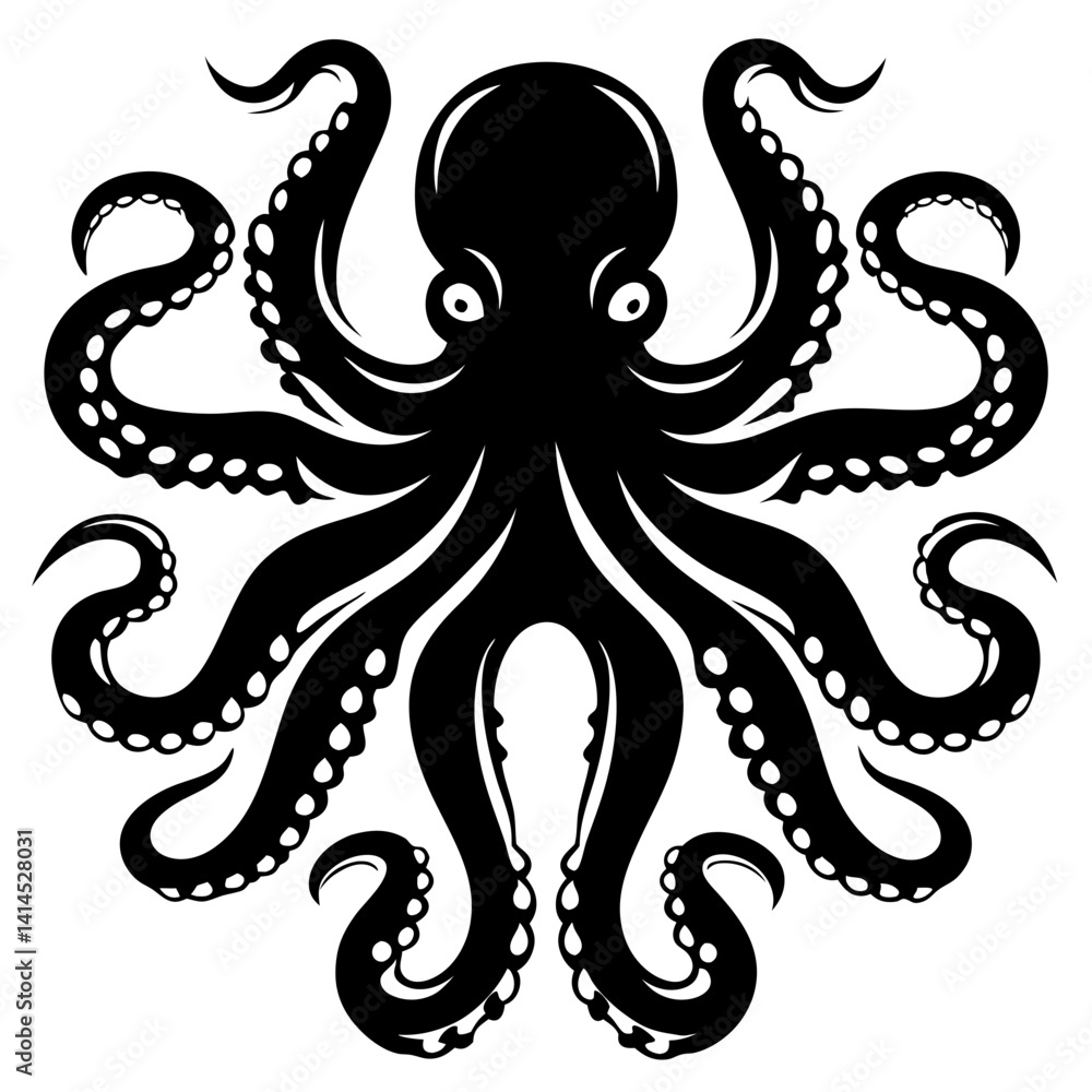 Monochrome Octopus Vector Graphic with Powerful Tentacles and Rounded Body Form Monochrome Octopus Vector Graphic with Powerful Tentacles and Rounded Body Form