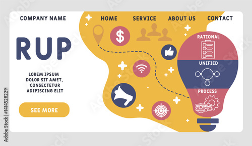 RUP -  rational unified process acronym. business concept background. vector illustration concept with keywords and icons. lettering illustration with icons for web banner, flyer, landing