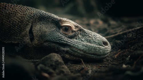 Obraz na płótnie Another Komodo dragon resting on the earth, reflecting its textures and wild essence in nature. w salonie