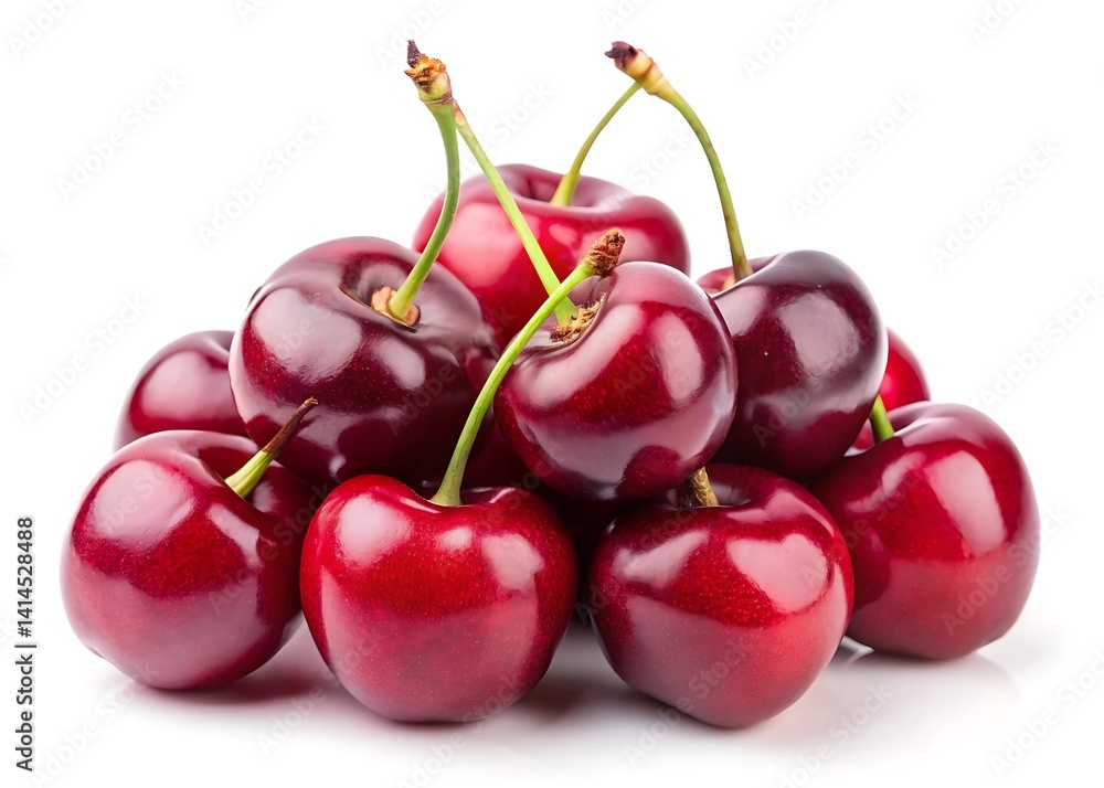 a small cluster of cherries with shiny, deep red skin on a white background a small cluster of cherries with shiny, deep red skin on a white background
