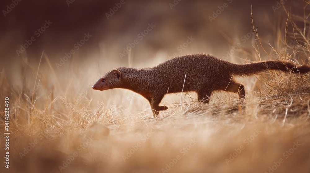 A mongoose ventures cautiously through sunlit wilderness, embodying curiosity and survival instinct.