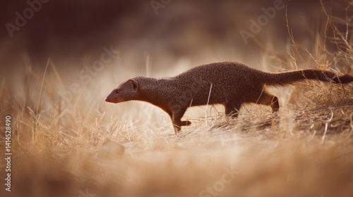Obraz na płótnie A mongoose ventures cautiously through sunlit wilderness, embodying curiosity and survival instinct. w salonie