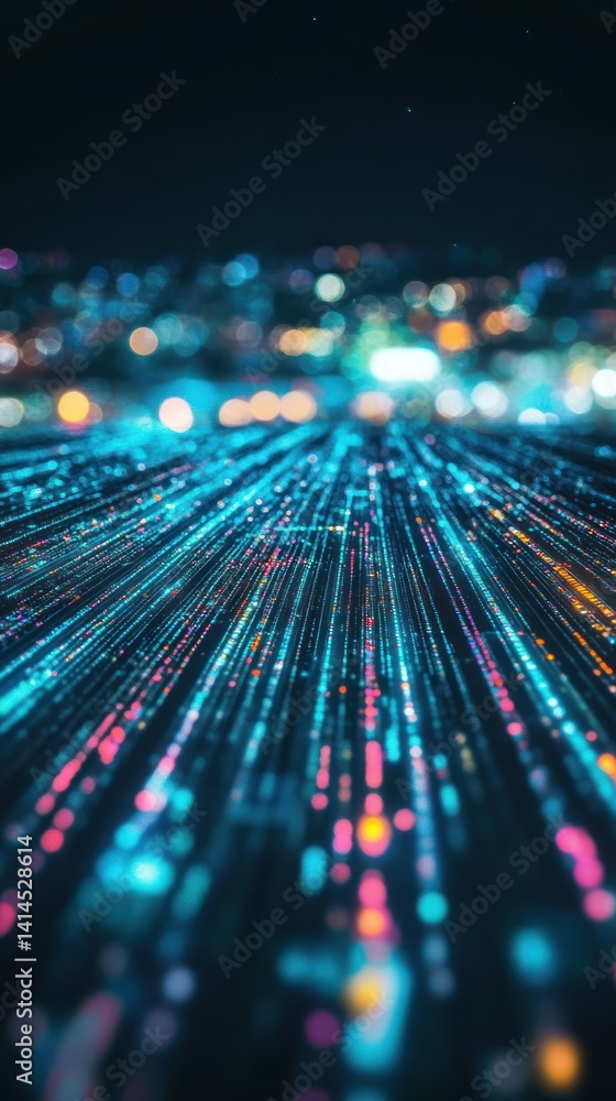 Digital Rain Over City Nightscape: A Futuristic Vision of Data Streams Digital Rain Over City Nightscape: A Futuristic Vision of Data Streams