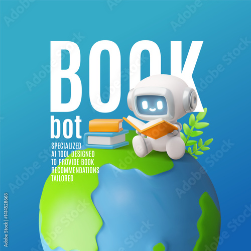 3D vector poster with chatbot sitting on planet Earth with a book in hand.
