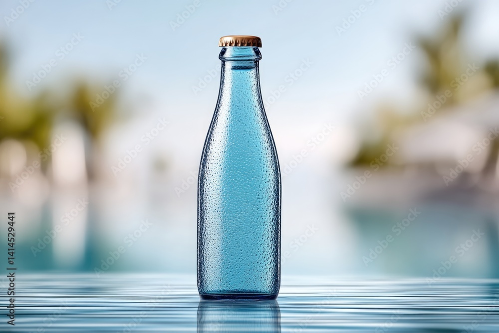 Transparent Blue Sparkling Water Bottle Stands on a Reflective Surface Near a Serene Pool During Sunny Weather