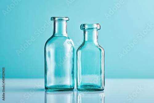 Two Empty Glass Water Bottles Displayed Against a Light Blue Background on a Reflective Surface