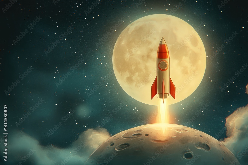 Vintage Comic Book-Style Rocket Soars Over the Moon Under a Glowing Full Moon in a Retro Science Fiction Atmosphere