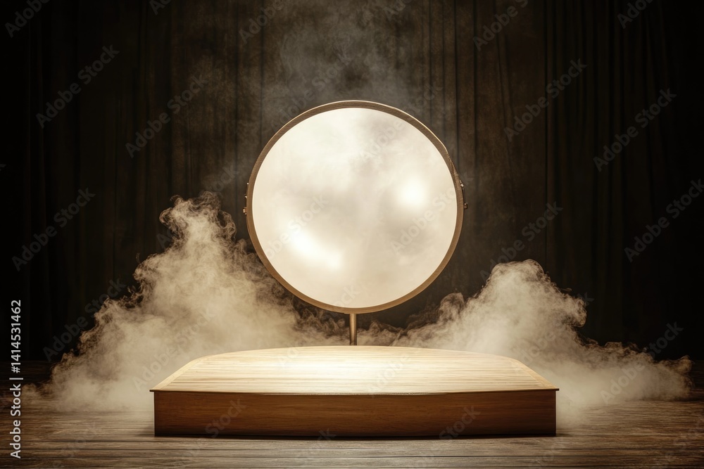 Spotlight Illuminating Dark Wooden Platform Surrounded by Mist in an Elegant Setting