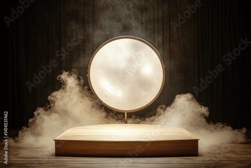 Obraz na płótnie Spotlight Illuminating Dark Wooden Platform Surrounded by Mist in an Elegant Setting w salonie