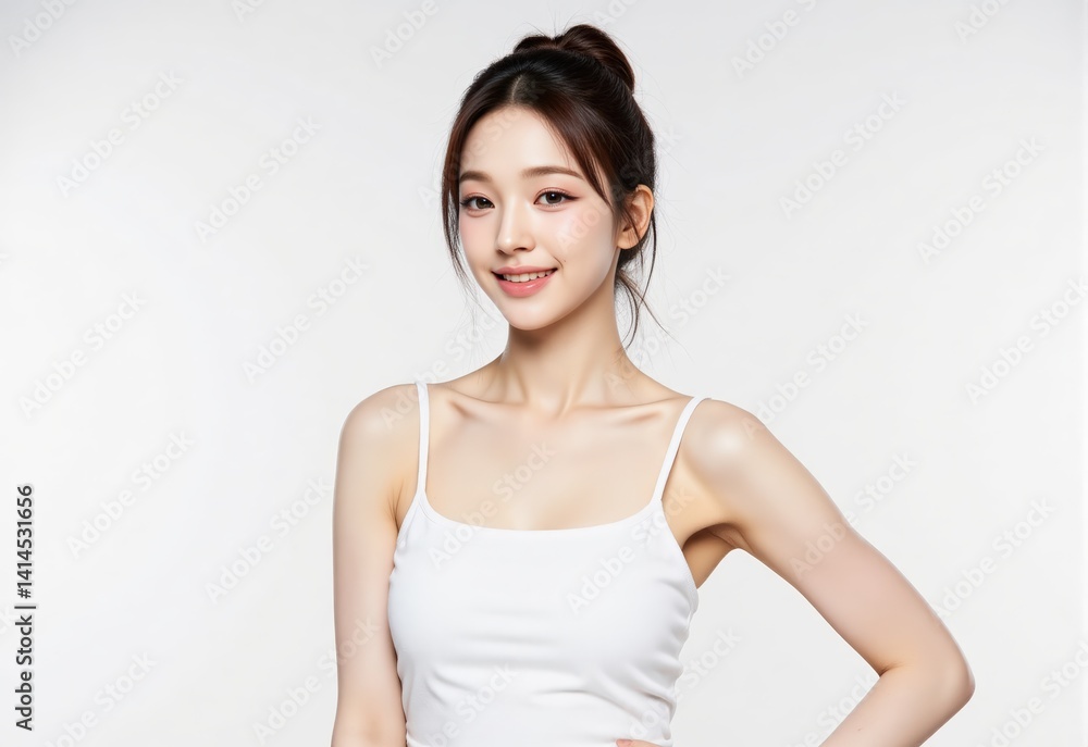 Glamorous beauty model with messy bun updo grins warmly in a chic tank top minimalist white background skincare Glamorous beauty model with messy bun updo grins warmly in a chic tank top minimalist white background skincare
