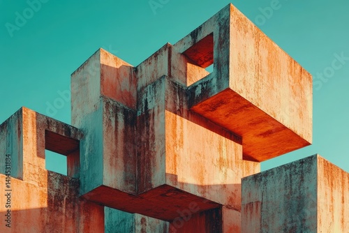 Exploring Brutalist Architecture With Unique Geometric Forms Under Clear Blue Sky