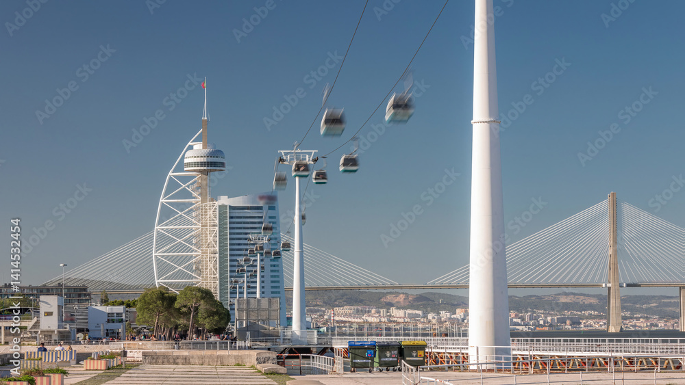 Fototapeta premium Promenade area of River Tagus in park of nations district timelapse hyperlapse, Vasco da Gamma Bridge. Cable car Lisbon