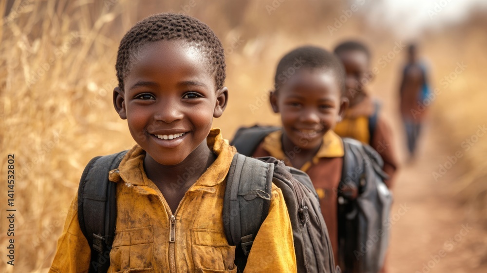 equality education volunteer service concept picture of poor African students walking along dirt path to school at Africa