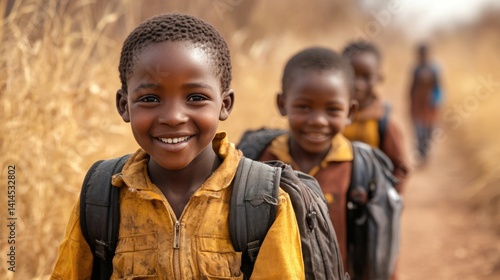 equality education volunteer service concept picture of poor African students walking along dirt path to school at Africa	