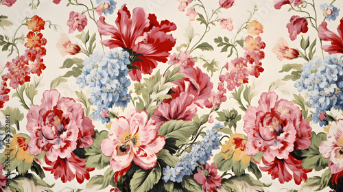 carnations and snowdrop flowers with antique Chintz style wallpaper background poster decorative painting