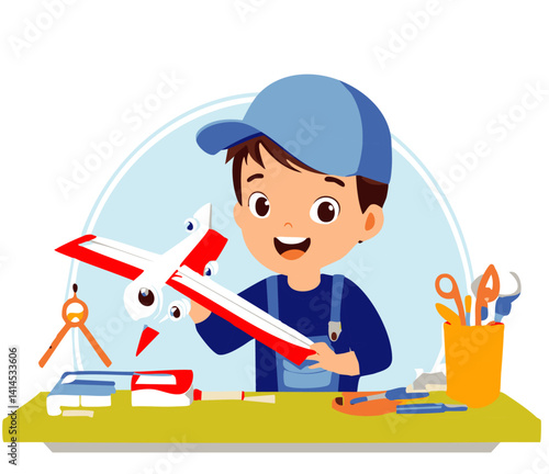 Happy Boy Building Model Airplane with Tools at Desk – Kids DIY Hobby and Craft Activity Illustration


