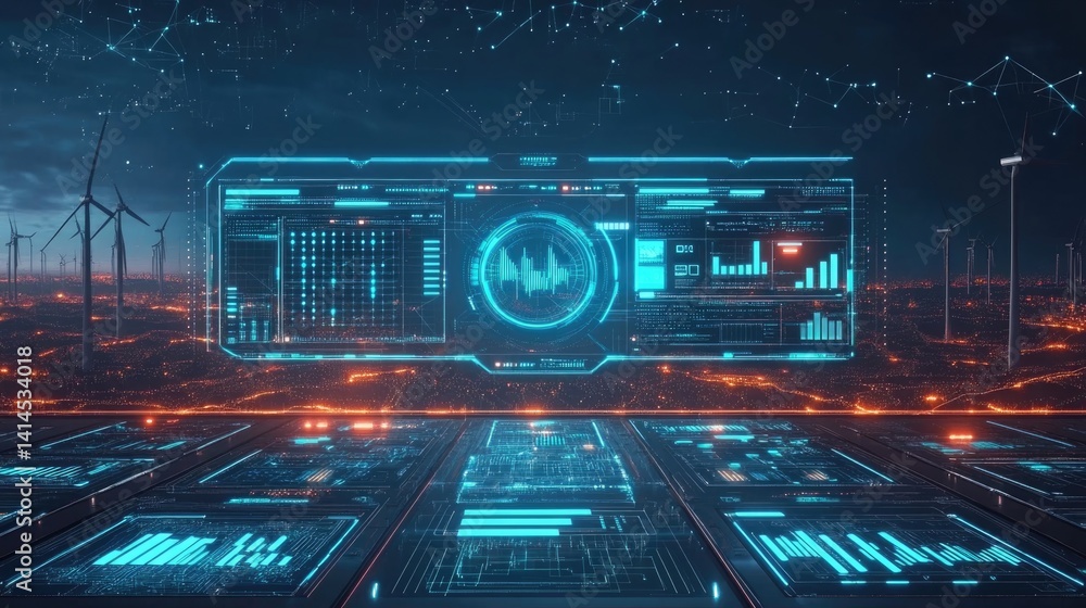 futuristic graphic icons of Scada system of operator controller engineer at wind turbines farm.