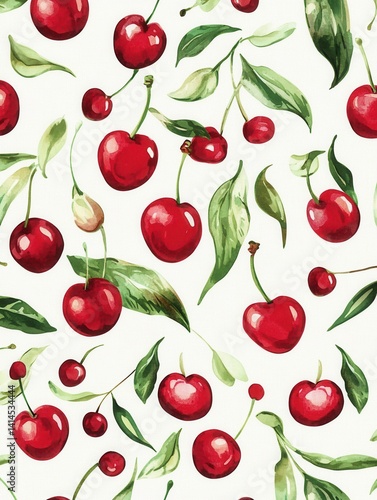 Watercolor cherry pattern with vibrant red fruits and green leaves creating a fresh and organic design for summer textiles and backgrounds