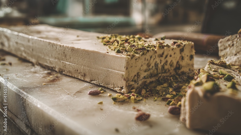 A block of luscious nougat adorned with chopped pistachios rests invitingly on marbled stone, promising a sweet indulgence.