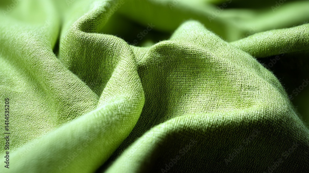 A close-up of softly crumpled, vibrant green fabric with a textured surface, capturing the essence of tactile material beauty.