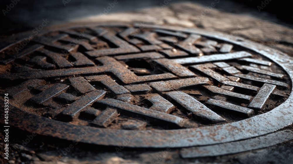 Rusty, intricate metal grate with geometric patterns casting shadows on a dimly lit surface.