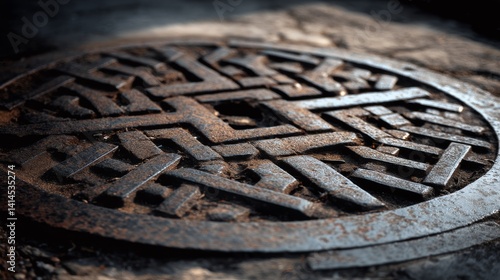 Obraz na płótnie Rusty, intricate metal grate with geometric patterns casting shadows on a dimly lit surface. w salonie