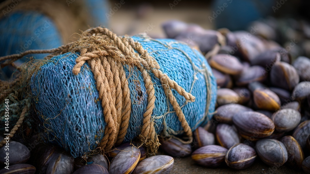 Blue fishing net and brown rope surrounded by purple mussels, showcasing the vibrant textures and hues of maritime life.