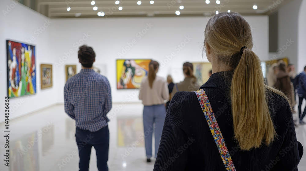 Fototapeta premium Exploring art gallery with visitors admiring colorful paintings