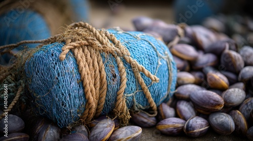 Obraz na płótnie Blue fishing net and brown rope surrounded by purple mussels, showcasing the vibrant textures and hues of maritime life. w salonie