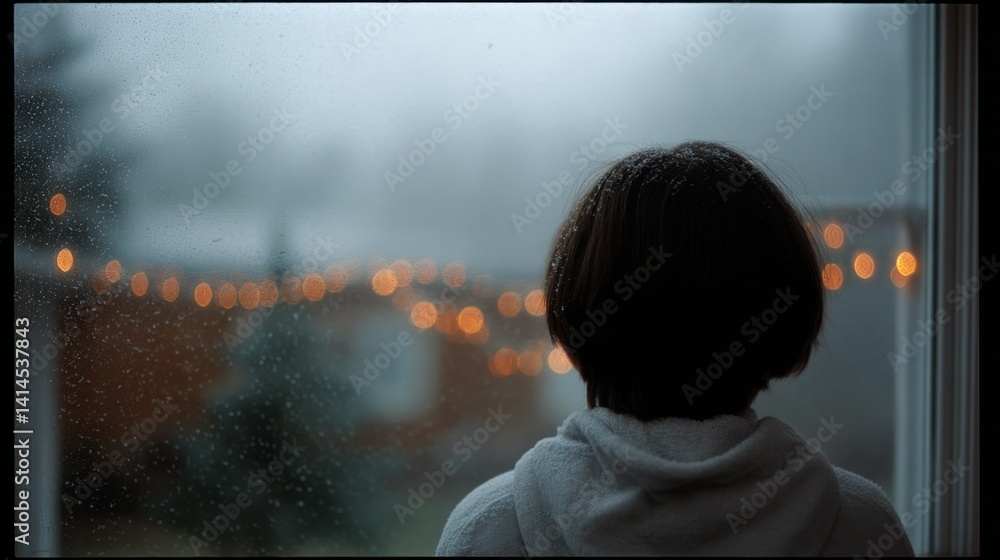 From behind, a contemplative figure gazes out at softly glowing lights through rainy glass, absorbing the serene ambiance.