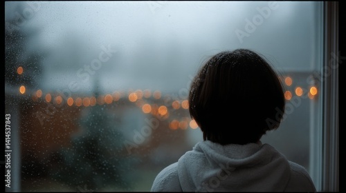 Obraz na płótnie From behind, a contemplative figure gazes out at softly glowing lights through rainy glass, absorbing the serene ambiance. w salonie