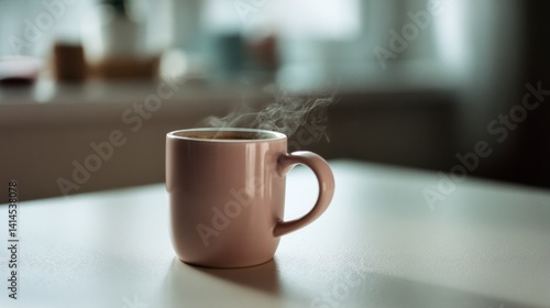A soft pink mug releases a gentle swirl of steam, creating a warm, inviting atmosphere in the simplicity of a bright, cozy kitchen.