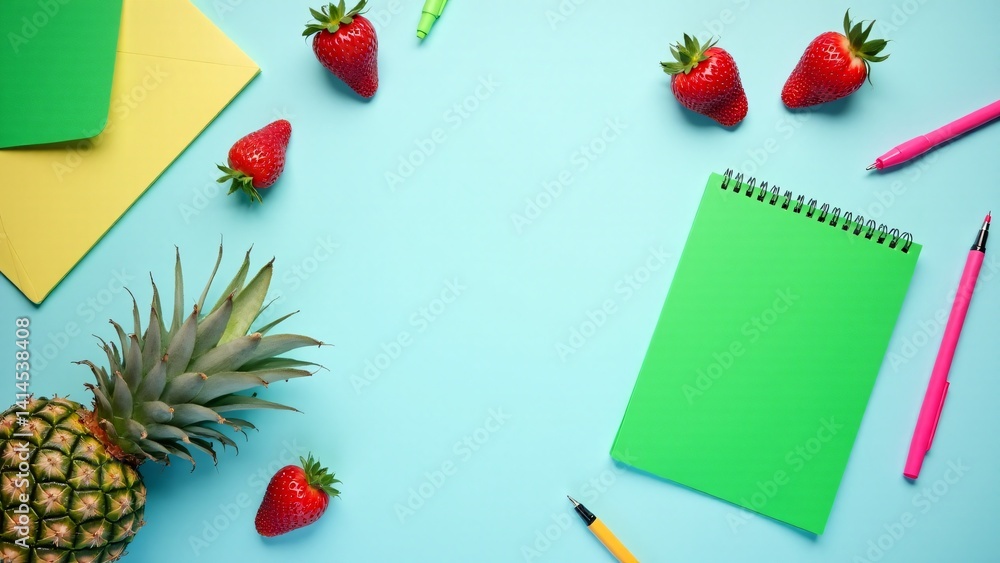 Bright Workspace With Pineapple And Strawberries Bright Workspace With Pineapple And Strawberries