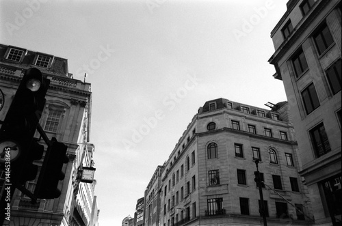 Photography Analog monochrome view of london buildings and traffic light