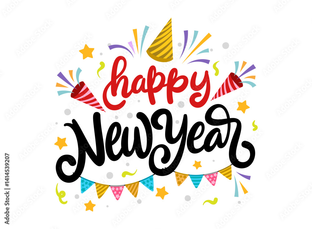 Happy New Year lettering graphic vector illustration with white background Happy New Year lettering graphic vector illustration with white background