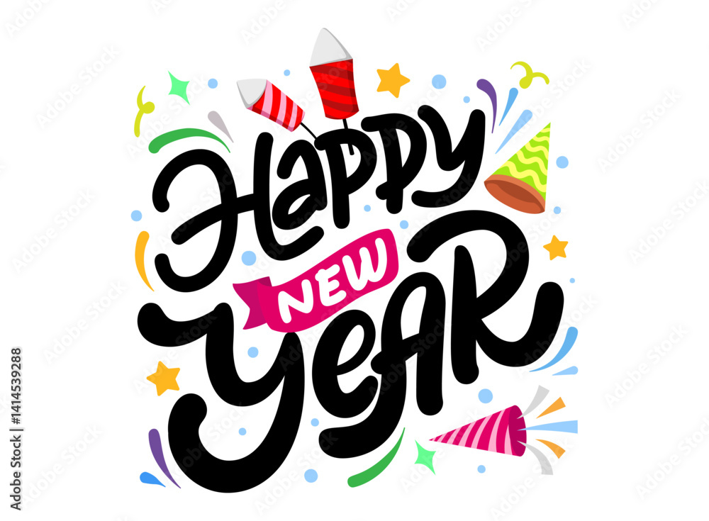 Obraz premium Colorful Happy New Year lettering vector illustration with white background