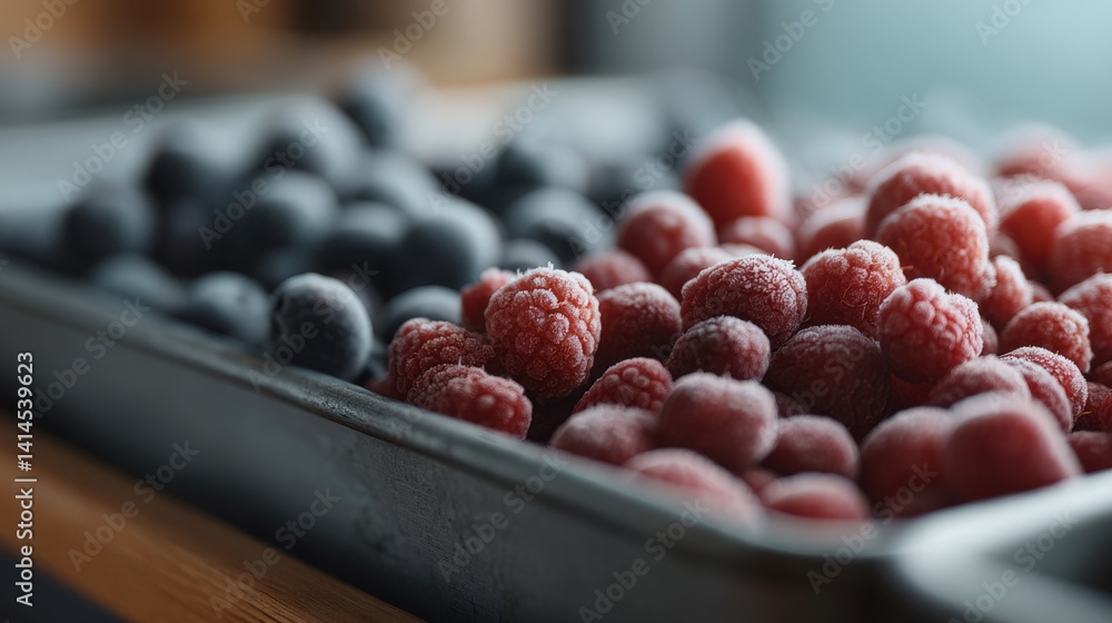 Frosty berries nestled in a metal tray, captured in a kitchen setting, highlighting their freshness and rich colors in contrast to soft ambient light.