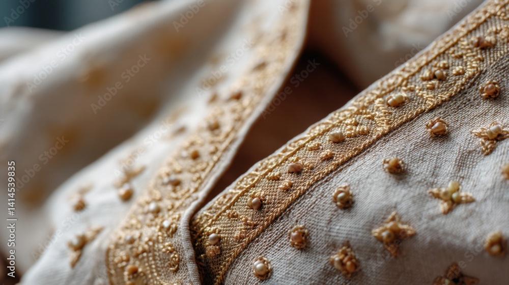 A tapestry of golden embroidery adorns a delicate fabric, capturing elegance and intricate craftsmanship.