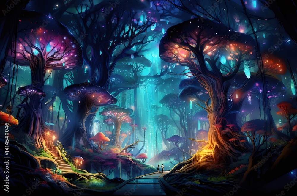 Enchanted Forest Scene Illuminated With Pixelated Glowing Lights In Dreamlike Landscape Enchanted Forest Scene Illuminated With Pixelated Glowing Lights In Dreamlike Landscape