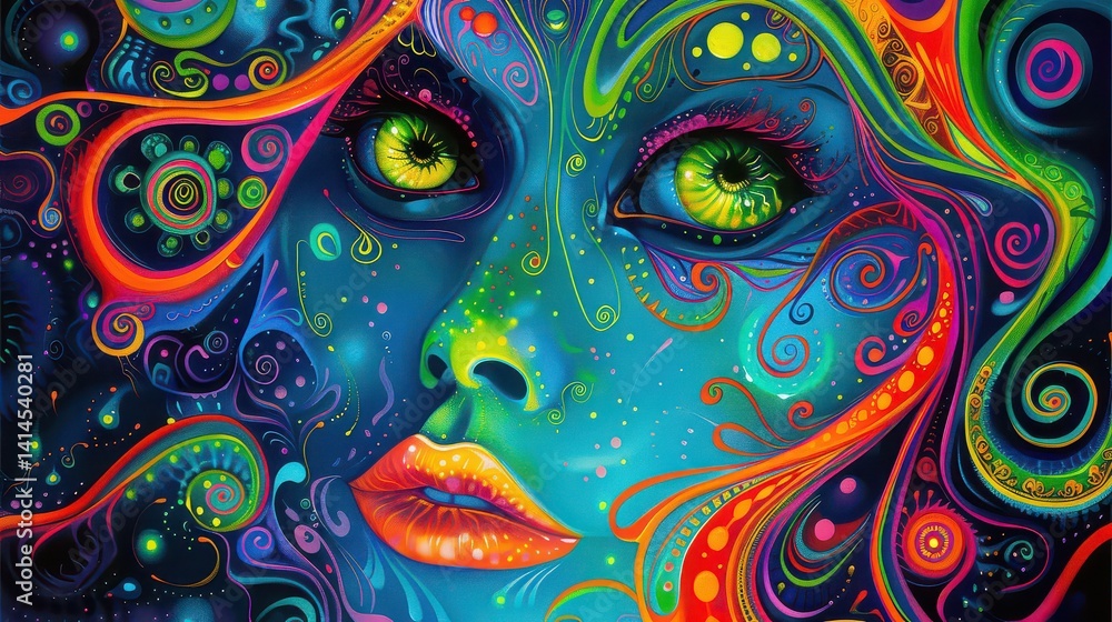 Fototapeta Psychedelic swirling fractals in vibrant neon color