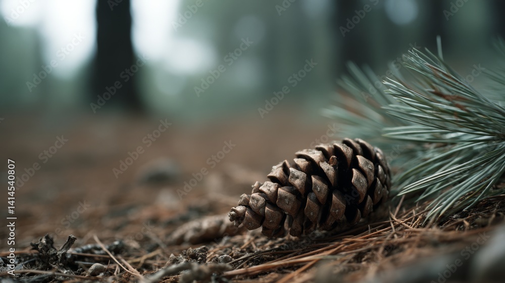 A pine cone rests on a forest floor, surrounded by pine needles, under the gentle embrace of a misty atmosphere.