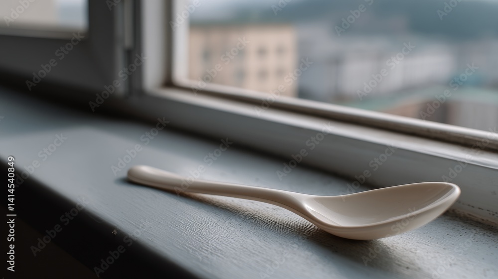 An elegant white ceramic spoon rests on a windowsill, inviting contemplation of simplicity and everyday beauty against a blurred urban backdrop.